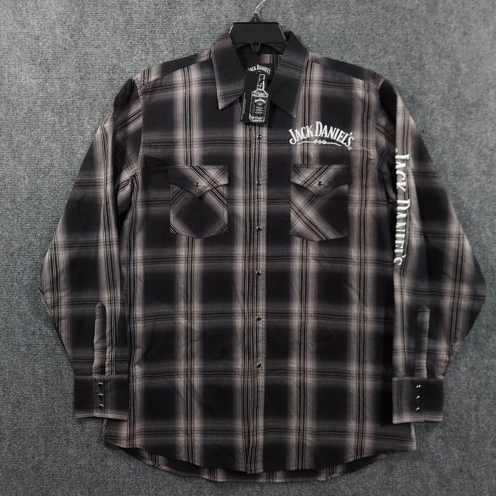Jack Daniels Shirt Mens Large Black Plaid Long Sleeve Snap Western Casual